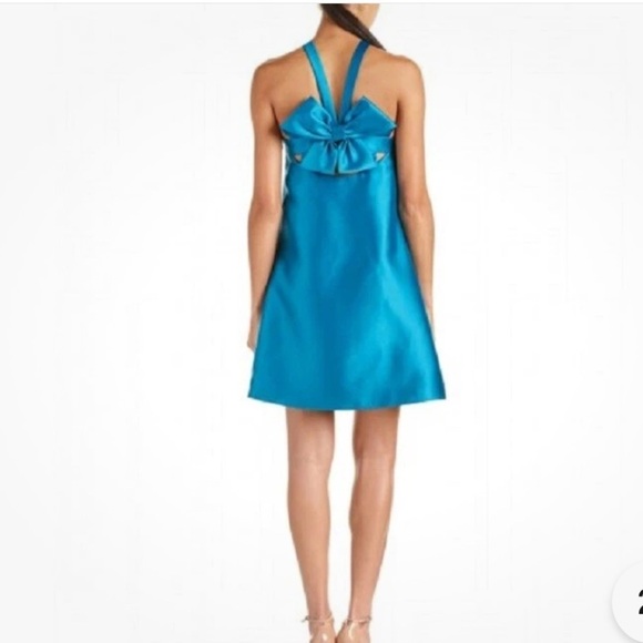 Badgley Mischka Dresses & Skirts - Teal Halter Top Cocktail Dress with Bow Back Size 10 EUC Wedding Guest
